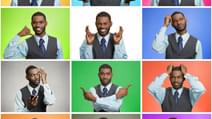 Man mood behavior changes swings Collage young man expressing different emotions showing facial expressions feelings on colorful backgrounds Human life perception body language gestures
