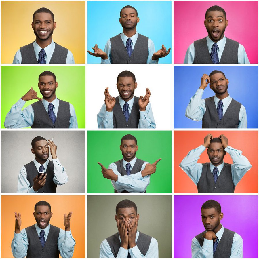 Man mood behavior changes swings Collage young man expressing different emotions showing facial expressions feelings on colorful backgrounds Human life perception body language gestures