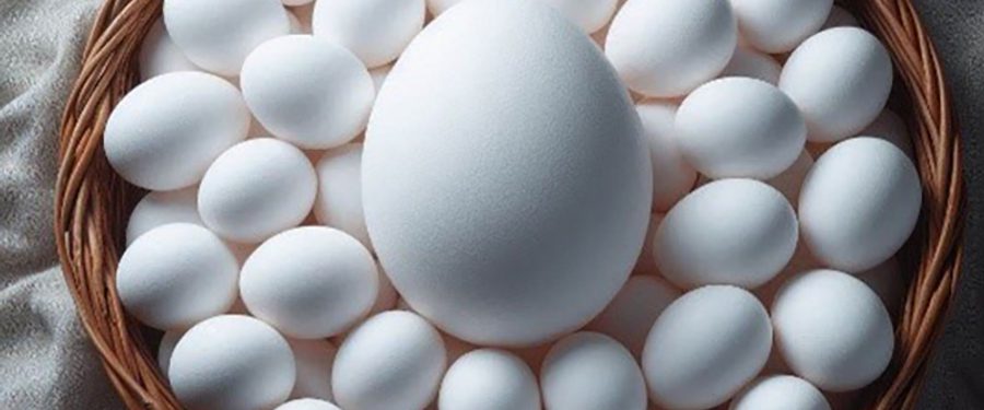 Large white egg surrounded by smaller eggs